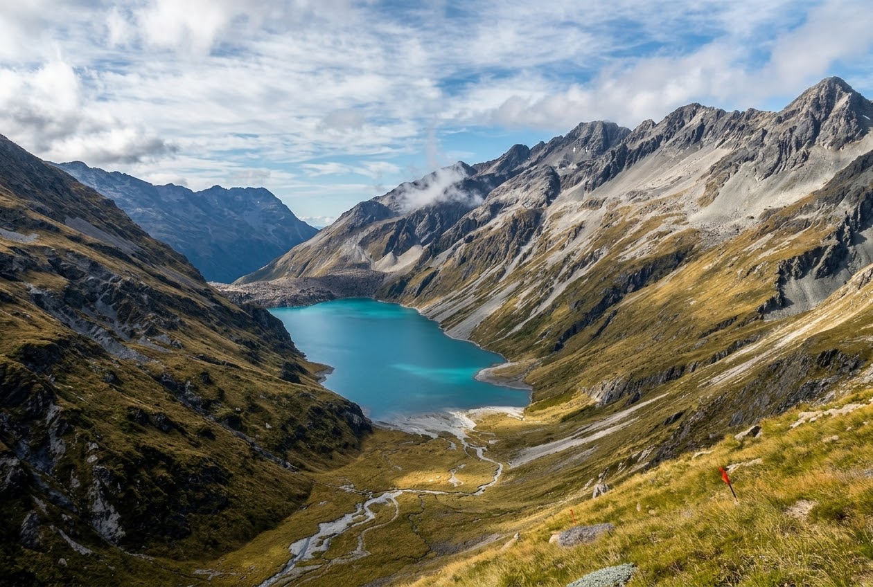 A turquoise alpine lake in a tussock valley below rocky peaks